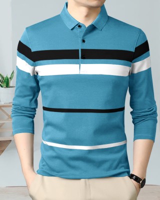 EyeBogler Striped Men Polo Neck Blue T-Shirt