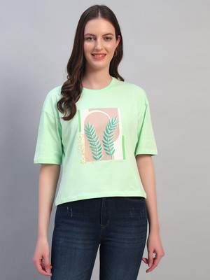 CANTABIL Printed Women Round Neck Green T-Shirt