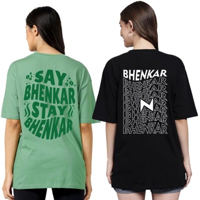 BHENKAR Self Design Women Round Neck Light Green, Black T-Shirt
