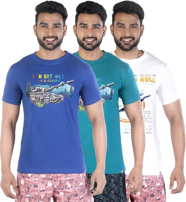 COLORS by Rupa Frontline Graphic Print Men Round Neck Dark Blue, Green, White T-Shirt
