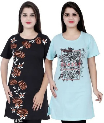PK Fashion Printed Women Round Neck Black, Light Blue T-Shirt