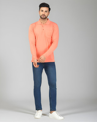 KAJAR Solid Men Polo Neck Orange T-Shirt