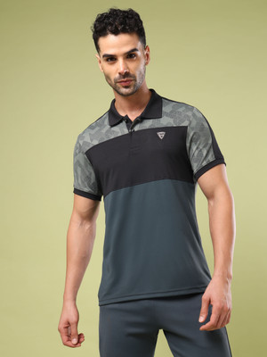 TECHNOSPORT Colorblock Men Polo Neck Black T-Shirt