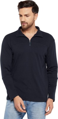 HYPERNATION Solid Men Polo Neck Navy Blue T-Shirt