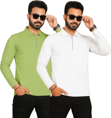 HELMONT Solid Men Polo Neck Green, White T-Shirt
