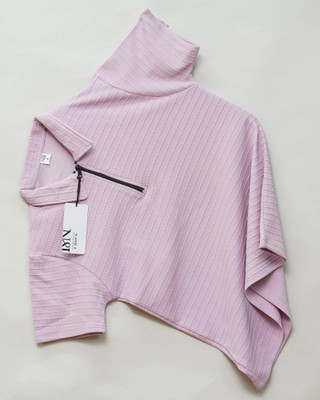 N AND J Solid, Self Design Men Zip Neck Purple T-Shirt