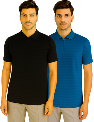 R ROCKIN TEES Self Design Men Zip Neck Black, Blue T-Shirt