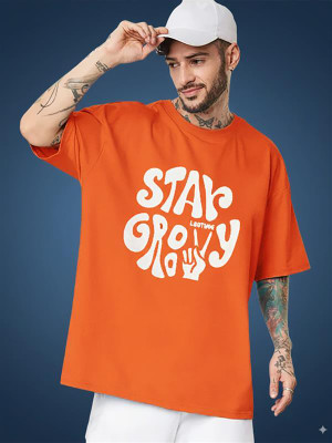 JUST ROAR Printed Men Round Neck Orange T-Shirt