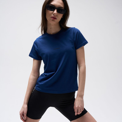 Snapback Solid Women Round Neck Blue T-Shirt