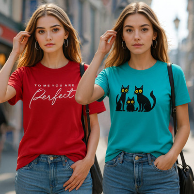 Fabflee Printed Women Round Neck Multicolor T-Shirt
