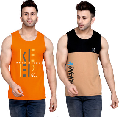 SLOWLORIS Printed Men Round Neck Orange, Black, Beige T-Shirt