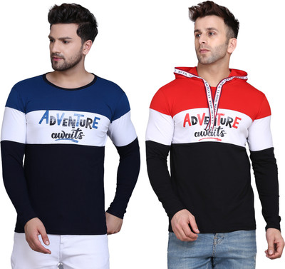 SLOWLORIS Printed Men Hooded Neck Dark Blue, Red T-Shirt