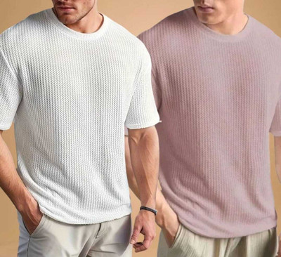 BOOM BAAM Self Design Men Round Neck White, Purple T-Shirt