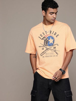 Roadster Printed Men Round Neck Orange T-Shirt