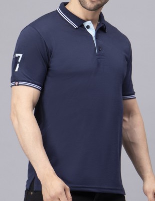 We Perfect Solid Men Polo Neck Blue T-Shirt