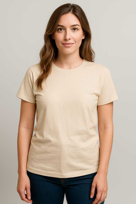 AGG Solid Women Round Neck Beige T-Shirt