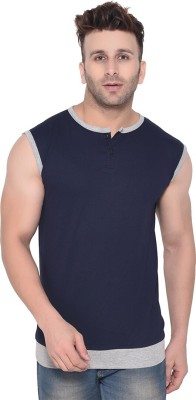 tfurnish Self Design Men Henley Neck Dark Blue, Grey T-Shirt