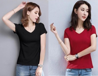Bi Fashion Solid Women V Neck Multicolor T-Shirt