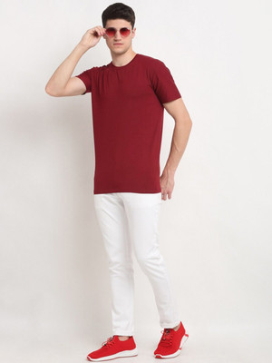 OrrganicChics Solid Men Round Neck Maroon T-Shirt