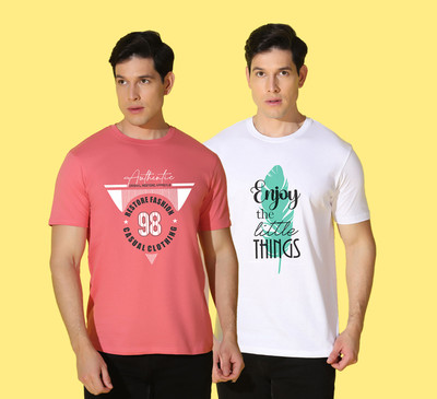 WOOSTRO Printed Men Round Neck Pink, White T-Shirt