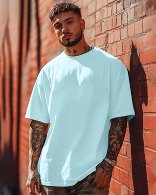 AOOSH Solid Men Round Neck Light Blue T-Shirt