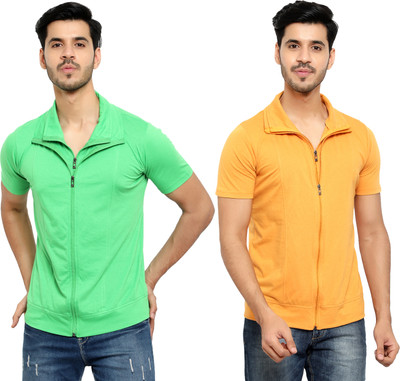 Adorbs Solid Men Polo Neck Green, Gold T-Shirt