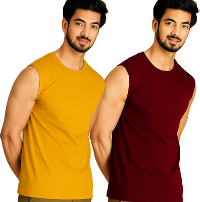 Adorbs Solid Men Round Neck Yellow, Maroon T-Shirt
