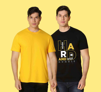 WOOSTRO Typography, Solid Men Round Neck Black, Yellow T-Shirt