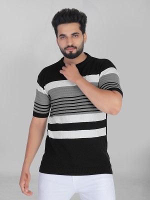 Grownk Striped Men Round Neck Black T-Shirt