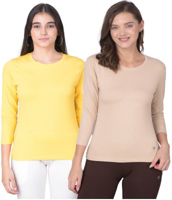 Comfort Lady Solid Women Round Neck Yellow, Beige T-Shirt