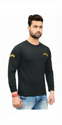 shri radhe Military Camouflage, Embroidered, Printed, Sporty Men Round Neck Black, Yellow T-Shirt