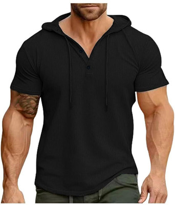 Tanushk Solid Men Hooded Neck Black T-Shirt