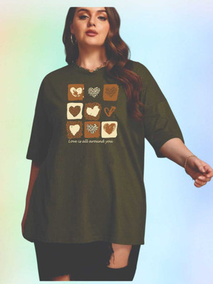 V-Mens Printed Women Round Neck Green T-Shirt