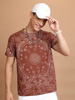 HIGHLANDER Printed Men Round Neck Brown T-Shirt