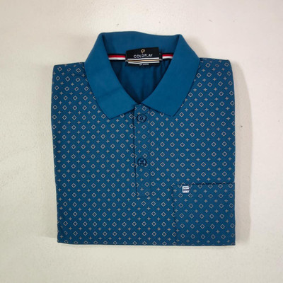 COLORTRAIT Solid, Striped Men Polo Neck Blue T-Shirt