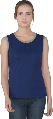 GEUM Solid Women Henley Neck Blue T-Shirt