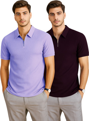 RMLKN Self Design Men Zip Neck Purple, Maroon T-Shirt