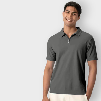 INDICLUB Solid Men Polo Neck Grey T-Shirt