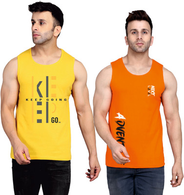 SLOWLORIS Printed Men Round Neck Yellow, Orange T-Shirt