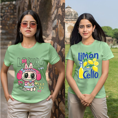 Kasendra Printed Women Round Neck Green T-Shirt