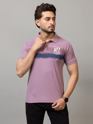 YOORIX Striped Men Polo Neck Purple T-Shirt