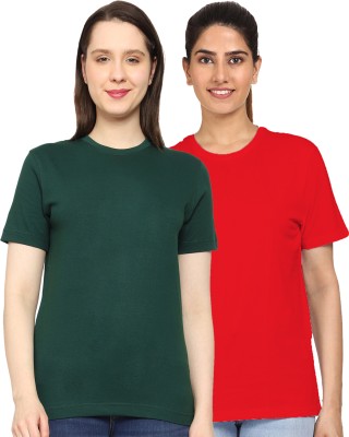 AODACH Solid Women Round Neck Green, Red T-Shirt