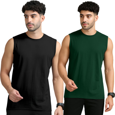 JB Jangoboy Solid Men Round Neck Black, Dark Green T-Shirt