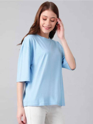 Kryptar Solid Women Round Neck Light Blue T-Shirt