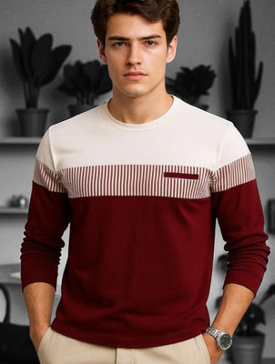 Autna Colorblock Men Round Neck Maroon T-Shirt
