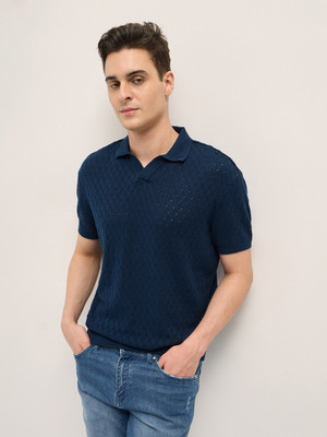 THE BEAR HOUSE Self Design Men Polo Neck Blue T-Shirt