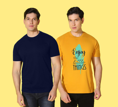 WOOSTRO Printed Men Round Neck Blue, Yellow T-Shirt