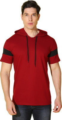 Restore Solid Men Hooded Neck Maroon T-Shirt