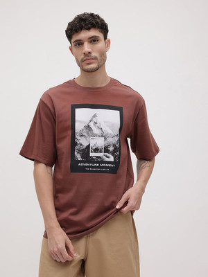 Roadster Printed Men Round Neck Brown T-Shirt