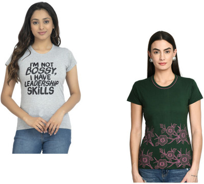 IndiWeaves Printed Women Round Neck Grey, Dark Green, Pink T-Shirt